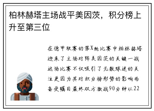 柏林赫塔主场战平美因茨，积分榜上升至第三位